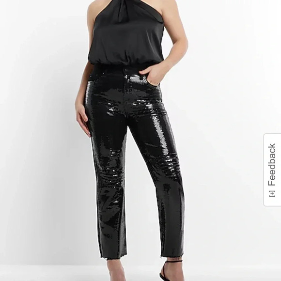 Express 
High Waisted Sequin Front Ripped Raw Hem Straight Ankle Jeans - Picture 2 of 9